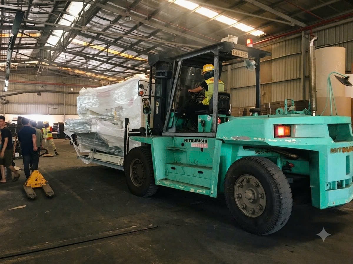 Xe nâng dầu 7 tấn Komatsu nâng pallet máy công nghiệp tại KCN Bỉm Sơn Thanh Hóa 1 Xe nâng dầu 7 tấn Komatsu nâng pallet máy công nghiệp tại KCN Bỉm Sơn Thanh Hóa 1