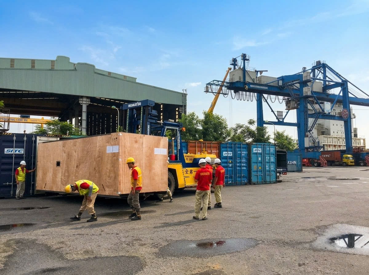 xe nâng Komatsu FD200 nâng chuyển máy cơ khí nặng vào xưởng chế tạo tại KCN Lam Sơn Sao Vàng Thanh Hóa 1 xe nâng Komatsu FD200 nâng chuyển máy cơ khí nặng vào xưởng chế tạo tại KCN Lam Sơn Sao Vàng Thanh Hóa 1