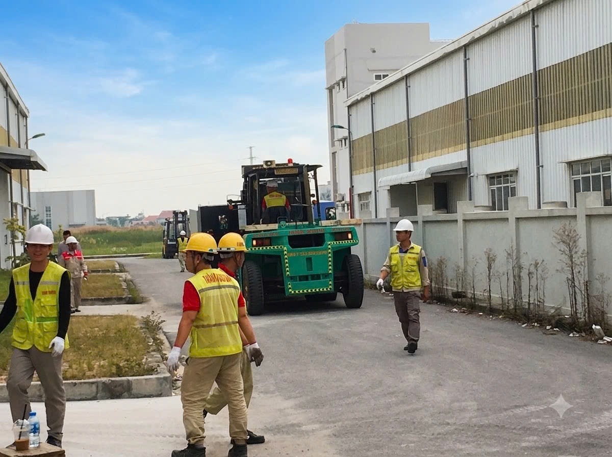 xe nâng hạ thấp khung nâng luồn máy tiện CNC DOOSAN qua cửa cuốn vào xưởng tại KCN Bỉm Sơn Thanh Hóa 1 - ASIA-APPOLO