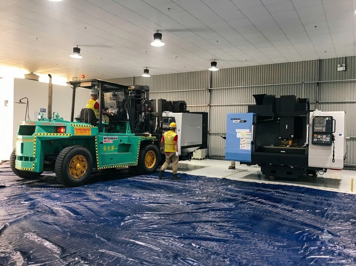 hạ đặt và cân chỉnh thăng bằng máy tiện CNC DOOSAN trên sàn bạt bảo vệ epoxy tại KCN Bỉm Sơn Thanh Hóa 1 - ASIA-APPOLO