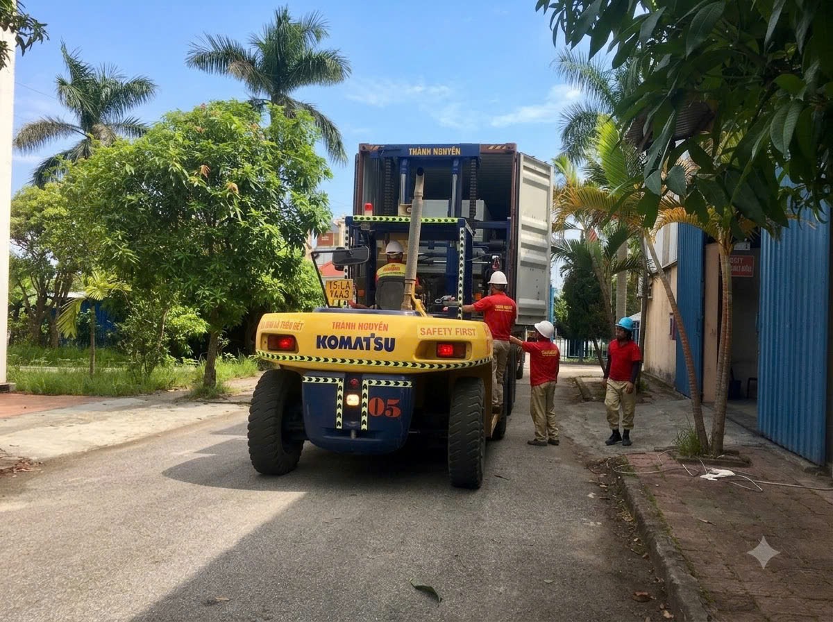 xe nâng Komatsu FD135 vận chuyển máy ép LK Potenza ra bãi tập kết tại KCN Lam Sơn - Sao Vàng Thanh Hóa 1 - ASIA-APPOLO